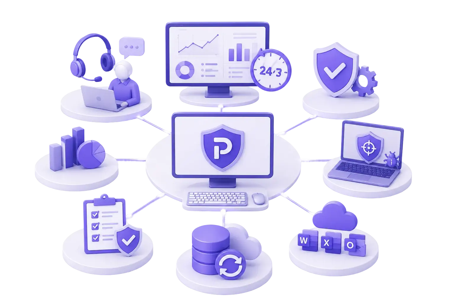 Isometric illustration of managed IT services connected to security and support
